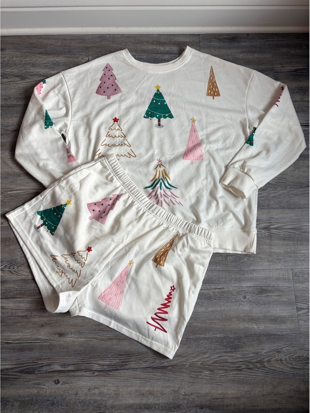 Christmas Tree Pajama Set – Sweatshirt & Pocket Shorts – Holiday PJs